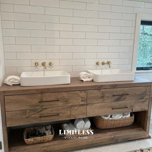 Model #1042 - Custom Double Sink Bathroom Vanity | Countertop in Furniture by Limitless Woodworking. Item made of maple wood works with mid century modern & contemporary style