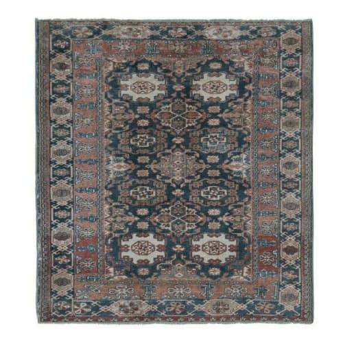 Handknotted Square Caucasian Blue Shirvan Rug 4'5" X 5'1" | Area Rug in Rugs by Vintage Pillows Store. Item composed of cotton & fiber