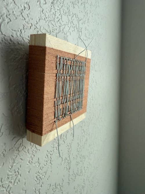Mini Woven Tile - String Theory- Mint snd Beige #2 | Wall Sculpture in Wall Hangings by Mpwovenn Fiber Art by Mindy Pantuso