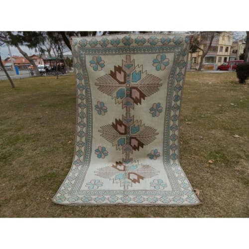 Vintage Turkish Oushak Gallery Runner With Three Taupe | Runner Rug in Rugs by Vintage Pillows Store. Item made of cotton with fiber