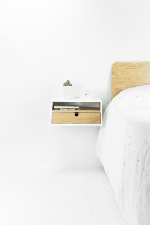 White Floating Nightstand Bedside Table Drawer | Tables by Manuel Barrera Habitables. Item made of oak wood