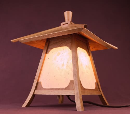 Japanese Lamp / Lantern In Cherry Wood -"Kodama" | Table Lamp in Lamps by Studio Straylight. Item made of wood & paper compatible with japandi and asian style