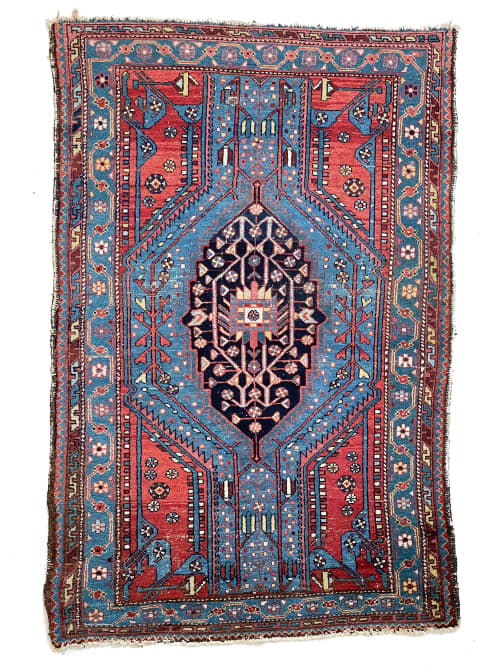 Electrifying Blue & Lovely Strawberry Antique Rug | 4.2 x 6. | Area Rug in Rugs by The Loom House. Item composed of wool & fiber