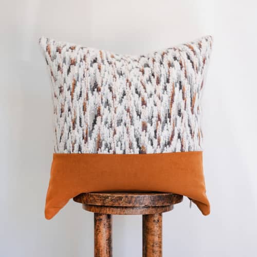 White Wool with Striations Capped with Orange Felt Wool Pillow 20x20 | Pillows by Vantage Design