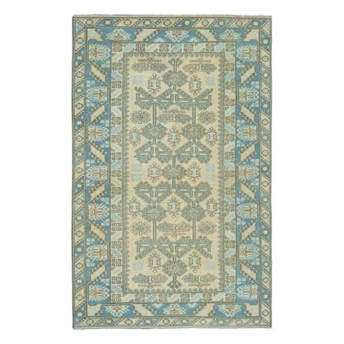 Vintage Faded Turkish Handmade Blue Wool Rug 4'7" X 7'7" | Area Rug in Rugs by Vintage Pillows Store. Item made of cotton with fiber