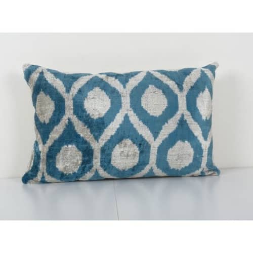 Ikat Lumbar Pillow, Sky Blue Silk Velvet Pillow Cover, Polka | Cushion in Pillows by Vintage Pillows Store