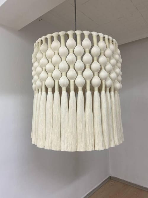 Handmade Macrame Tassel Chandelier – Boho Cotton Fringe Pendant Light, Ivory Beaded Orb Shade | Macrame Wall Hanging in Wall Hangings by RavaTapestryArt
