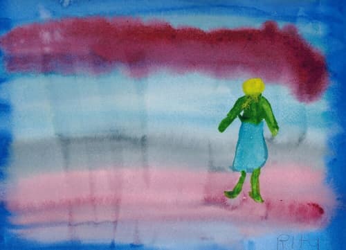 Lady on a Beach - Original Watercolor | Watercolor Painting in Paintings by Rita Winkler - My Art, My Shop - Where Every Stroke Speaks of Joy and Inclusion (watercolors by artist who has Down syndrome). Item composed of paper in contemporary or modern style