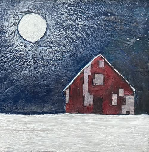 Patchwork Barn Under the Moon | Mixed Media in Paintings by Susan Wallis. Item compatible with contemporary and modern style