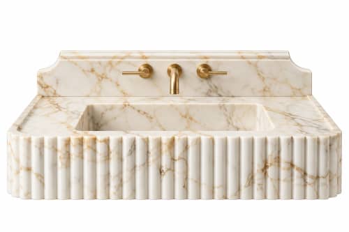 Custom Order for Rouzbeh | 40" Fluted Calacatta Gold Marble Sink with Wide Shoulder Backsplash | Water Fixtures by Vero Marble