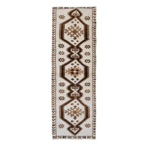 Vintage Turkish Geometric Hand-Knotted Herki Runner Rug | Rugs by Vintage Pillows Store. Item composed of cotton & fiber