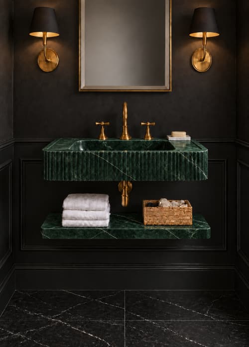Verde Alpi Green Marble Floating Sink with Shelf | Water Fixtures by Vero Marble