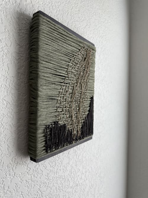 Woven Tile 9x12 - Abstract - Green, Jute and Black | Wall Sculpture in Wall Hangings by Mpwovenn Fiber Art by Mindy Pantuso