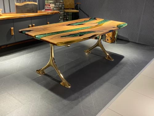 Green Epoxy Resin Table, Modern Dining Table | Tables by Tinella Collection. Item made of walnut & metal compatible with contemporary and modern style