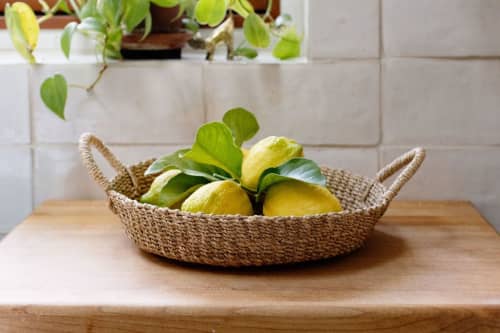 Woven Round Tray I Yellow | Decorative Tray in Decorative Objects by NEEPA HUT. Item composed of fiber