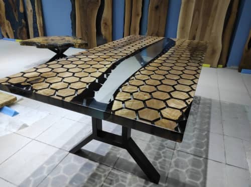 Luxury Custom Order Clear Epoxy Resin Hexagon Honeycomb | Dining Table in Tables by LuxuryEpoxyFurniture. Item composed of wood and synthetic