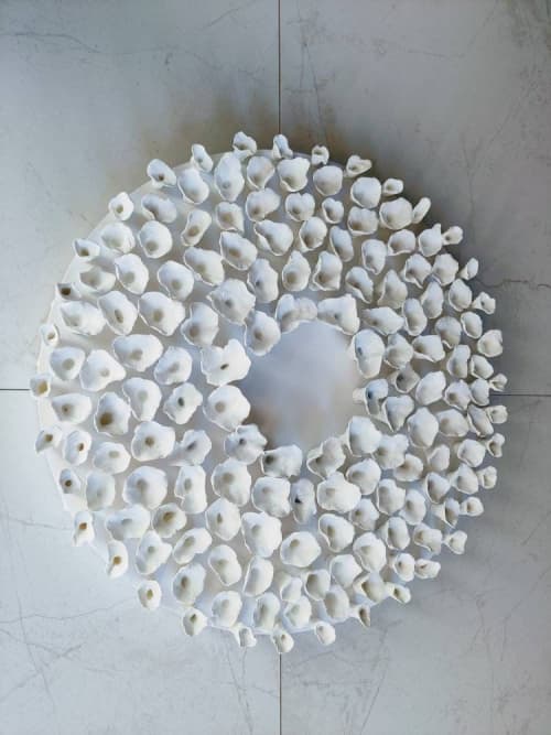 Wall sculpture on a 14" round canvas, wreath art, organic | Wall Hangings by Natasha Kanevski. Item composed of wood & canvas compatible with minimalism and contemporary style