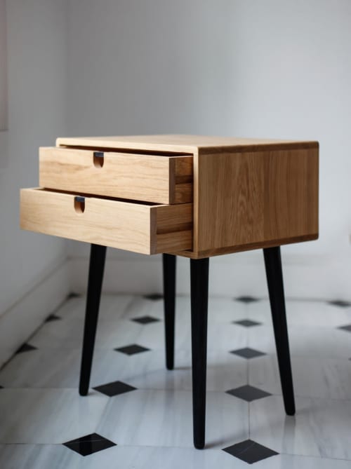 Bedside Table - Two drawers and Retro Legs | Tables by Manuel Barrera Habitables. Item composed of oak wood in scandinavian style