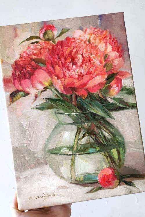 Coral flower painting on canvas, Peony painting original oil | Oil And Acrylic Painting in Paintings by Natart. Item composed of canvas and synthetic in contemporary style