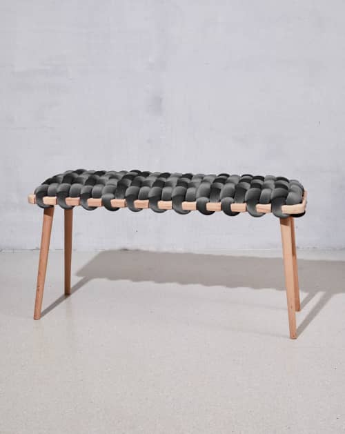 Grey Velvet Woven Bench | Benches & Ottomans by Knots Studio. Item composed of wood & fabric