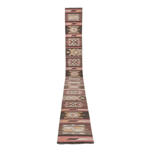 Turkish Puprle Brown Kilim Extra-Long Hallway Runner | Runner Rug in Rugs by Vintage Pillows Store. Item composed of cotton and fiber