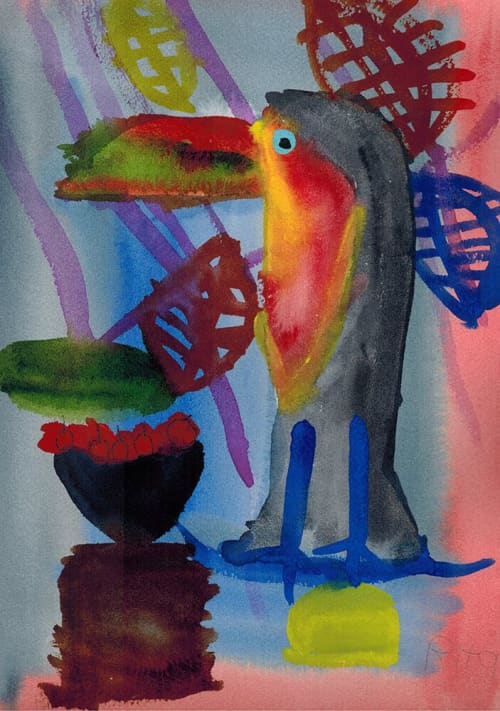 Toucan with Apples - Original Watercolor | Watercolor Painting in Paintings by Rita Winkler - My Art, My Shop - Where Every Stroke Speaks of Joy and Inclusion (watercolors by artist who has Down syndrome). Item composed of paper in mid century modern or contemporary style