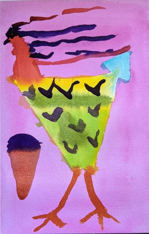 Chicken with Ice Cream Cone - Original Watercolor | Watercolor Painting in Paintings by Rita Winkler - "My Art, My Shop" (original watercolors by artist with Down syndrome). Item composed of paper in mid century modern or contemporary style