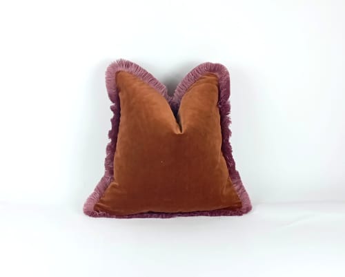 Rust velvet and pink fringe pillow, brown and pink pillow | Pillows by velvet + linen