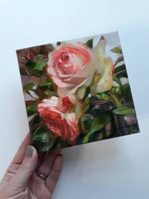 Roses flowers painting on canvas, Original flower rose art | Oil And Acrylic Painting in Paintings by Natart. Item composed of canvas and synthetic in contemporary style