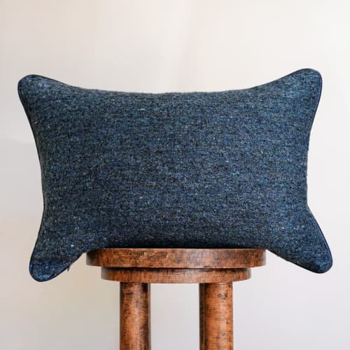 Blue Mixed Wool with Navy Leather Welt Lumbar Pillow 14x20 | Pillows by Vantage Design