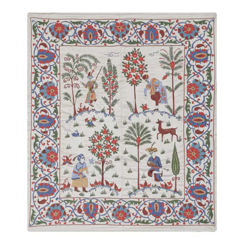 Vintage Lucent White Silk Human Pictorial Suzani Wall Decor, | Tablecloth in Linens & Bedding by Vintage Pillows Store