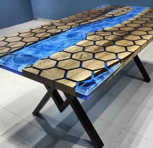 Custom Order Hexagon Honeycomb Ocean River Epoxy Resin | Dining Table in Tables by LuxuryEpoxyFurniture. Item composed of wood & synthetic