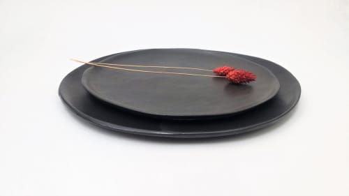 Matte Black Ceramic Plates Set | Dinnerware by YomYomceramic. Item composed of ceramic