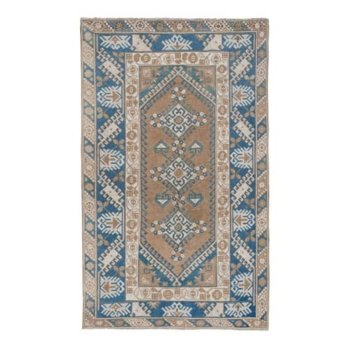 Vintage Wool Blue Turkish Rug - Designer Carpet 3'11" X 6'4" | Runner Rug in Rugs by Vintage Pillows Store. Item composed of cotton