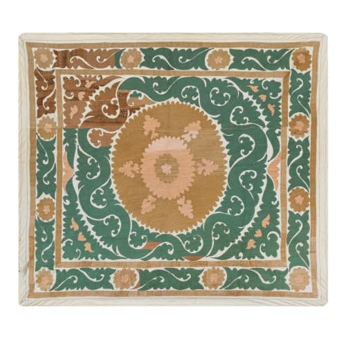 Hand Embroidered Suzani Quilt - Muted Color Green Uzbek Tabl | Tablecloth in Linens & Bedding by Vintage Pillows Store