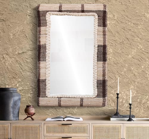 Handwoven Wool Wall Mirror, Rustic Boho Geometric Frame Decor | Decorative Objects by Swiflo