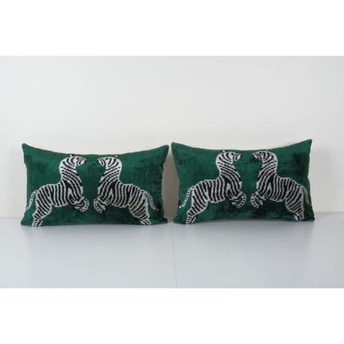 Pair Zebra Ikat Velvet Pillow Cushion, Set Animal Silk Lumba | Pillows by Vintage Pillows Store