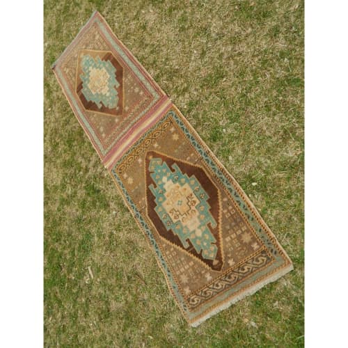 Vintage Short Narrow Oushak Rug Runner, Kitchen Bedside | Area Rug in Rugs by Vintage Pillows Store. Item made of wool & fiber
