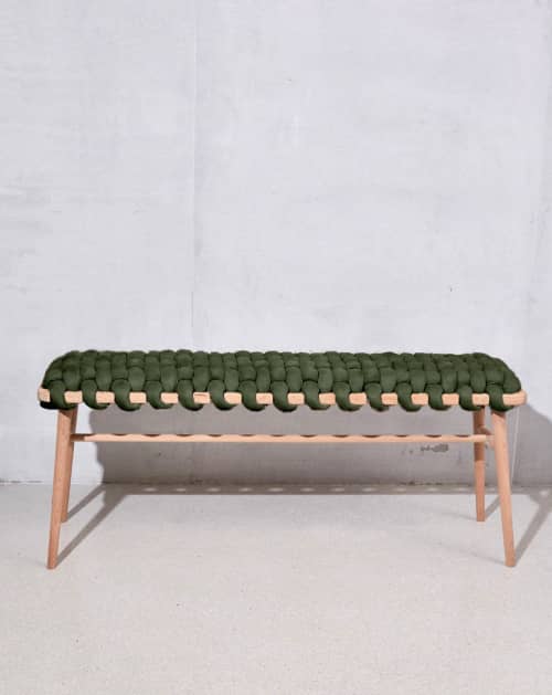 Army Green Vegan Suede Woven Bench | Benches & Ottomans by Knots Studio. Item made of wood & fabric