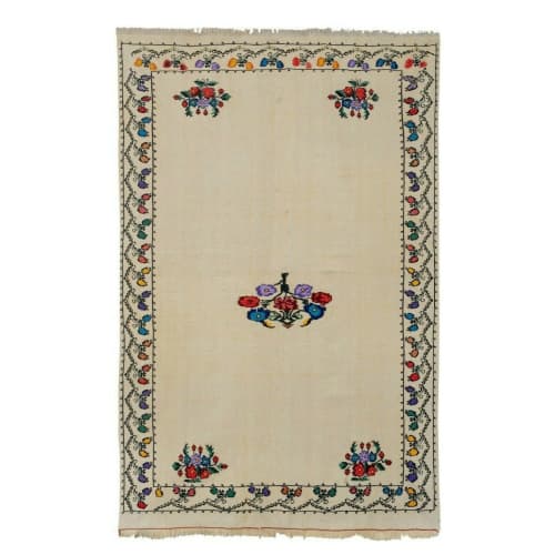 Aubusson Design Kilim Rug With Floral Design 4'7'' X 7' | Area Rug in Rugs by Vintage Pillows Store. Item composed of cotton & fiber