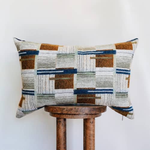 Geometric Wool Squares with Grey, Olive Green, & Navy Lumbar 16x24 | Pillows by Vantage Design