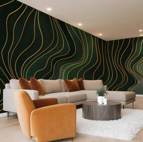 Forest Green Wavy Lines - Abstract Luxury Wallpaper Mural | Wall Treatments by ELLE WALLS