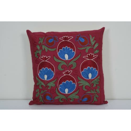 18" x 18" Hand Embroidered Suzani Pillow, Tribal Red Ethnic | Sham in Linens & Bedding by Vintage Pillows Store. Item composed of fabric