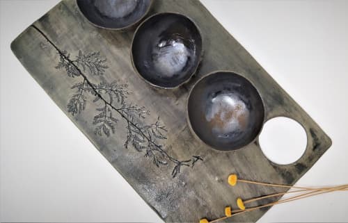 Handcrafted Ceramic Serving Platter with 3 bowls | Serveware by YomYomceramic. Item composed of ceramic