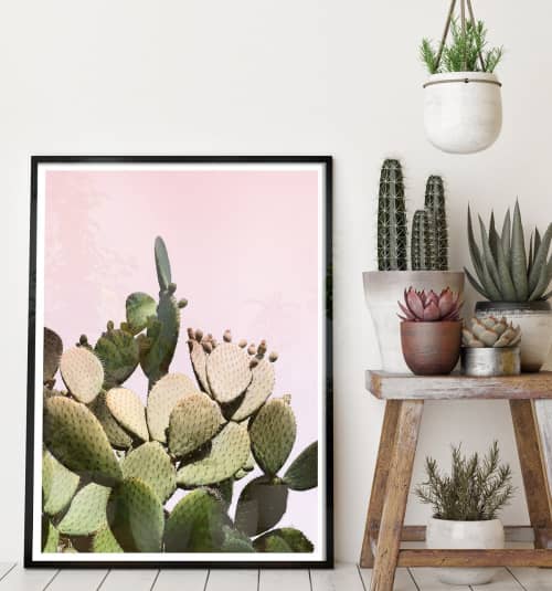 Cactus Print of prickly pear cactus against pink sky | Prints by Capricorn Press. Item composed of paper in boho or minimalism style