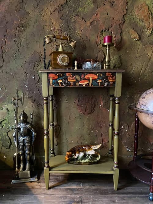 Hand -Painted Amanita Console Table: Rustic Forest Decor Acc | Tables by Birds and Gardens Inc