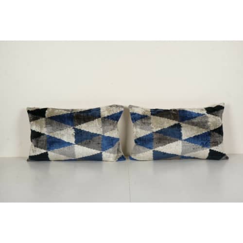Handmade Triangle Ikat Velvet Pillow, Set of Two Blue Woven | Sham in Linens & Bedding by Vintage Pillows Store. Item made of cotton with fiber
