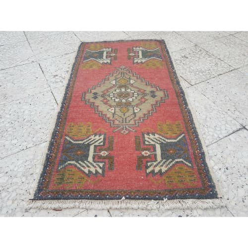 Vintage Handmade Turkish Small Welcome Carpet Mat 1.9x3.3 ft | Small Rug in Rugs by Vintage Pillows Store. Item composed of cotton & fiber