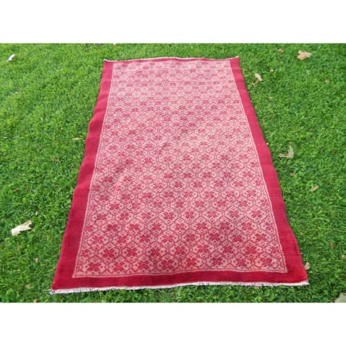 Vintage Turkish Soft Wool Floral Tulu Rug 3'10" X 5'11" | Area Rug in Rugs by Vintage Pillows Store. Item made of cotton & fiber