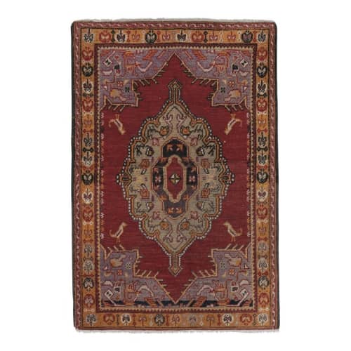 Vintage Red Wool Animal Turkish Rug 3'1" X 4'8" | Small Rug in Rugs by Vintage Pillows Store. Item made of cotton with fiber
